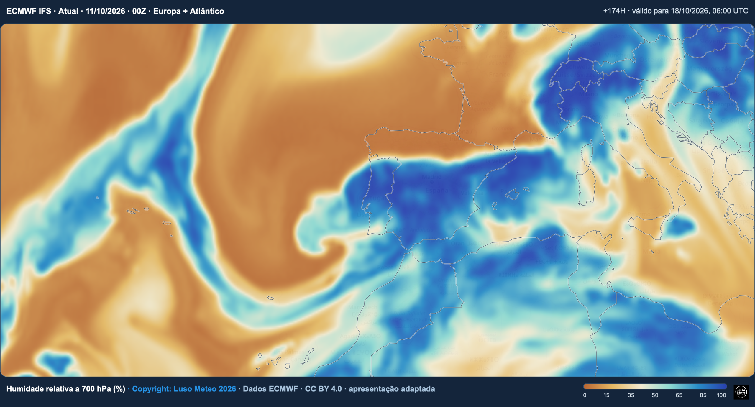 Humidade relativa a 700hPA no fim-de-semana - subida da humidade, indicando condições propícias para a formação de nuvens convectivas