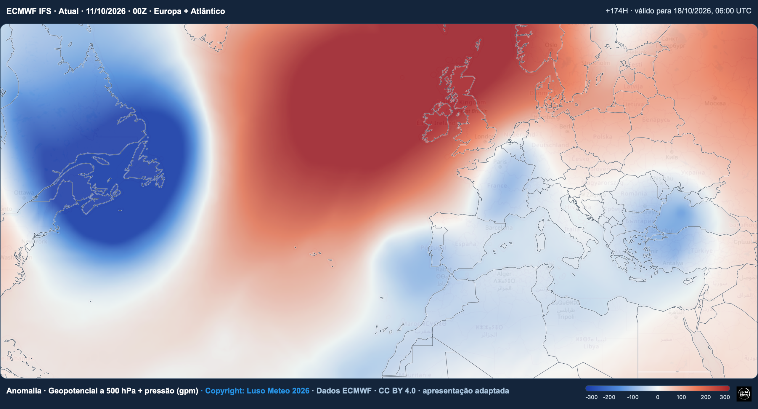 Tempo esta semana - anomalia de geopotencial prevista IFS para dia 18 (possibilidade de depressão em altitude)