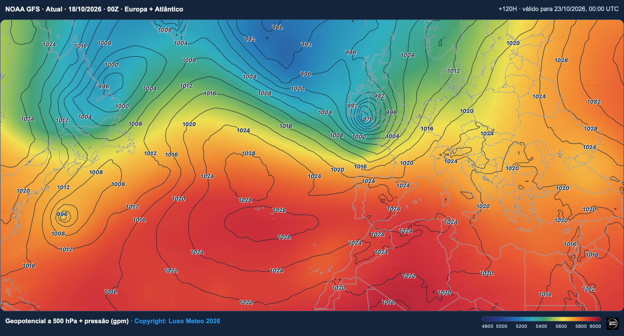 Ciclogéneses no Atlântico, mais frio e primeiras geadas? Será que finalmente chega o outono? Previsão do tempo esta semana, 19 a 25 de outubro Ciclogénese com pressão inferior a 975hPA prevista entre França e Inglaterra por volta de dias 22-23 de outubro