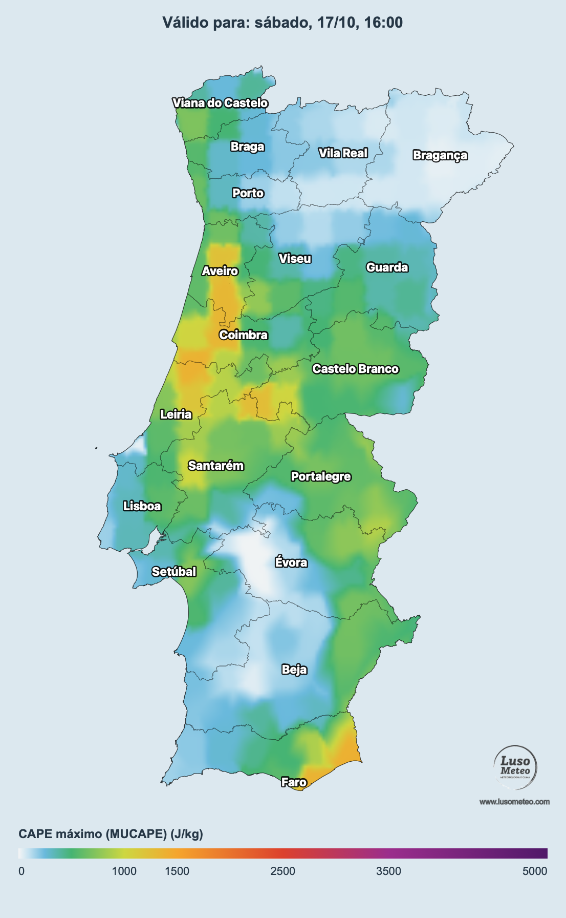 Depressão ADAM - Efeitos em Portugal e Espanha - saiba a evolução da primeira depressão nomeada da temporada Energia convectiva disponível no sábado - não se traduz necessariamente em trovoadas, mas mostra algum potencial para a sua ocorrência (mapa Luso Meteo)