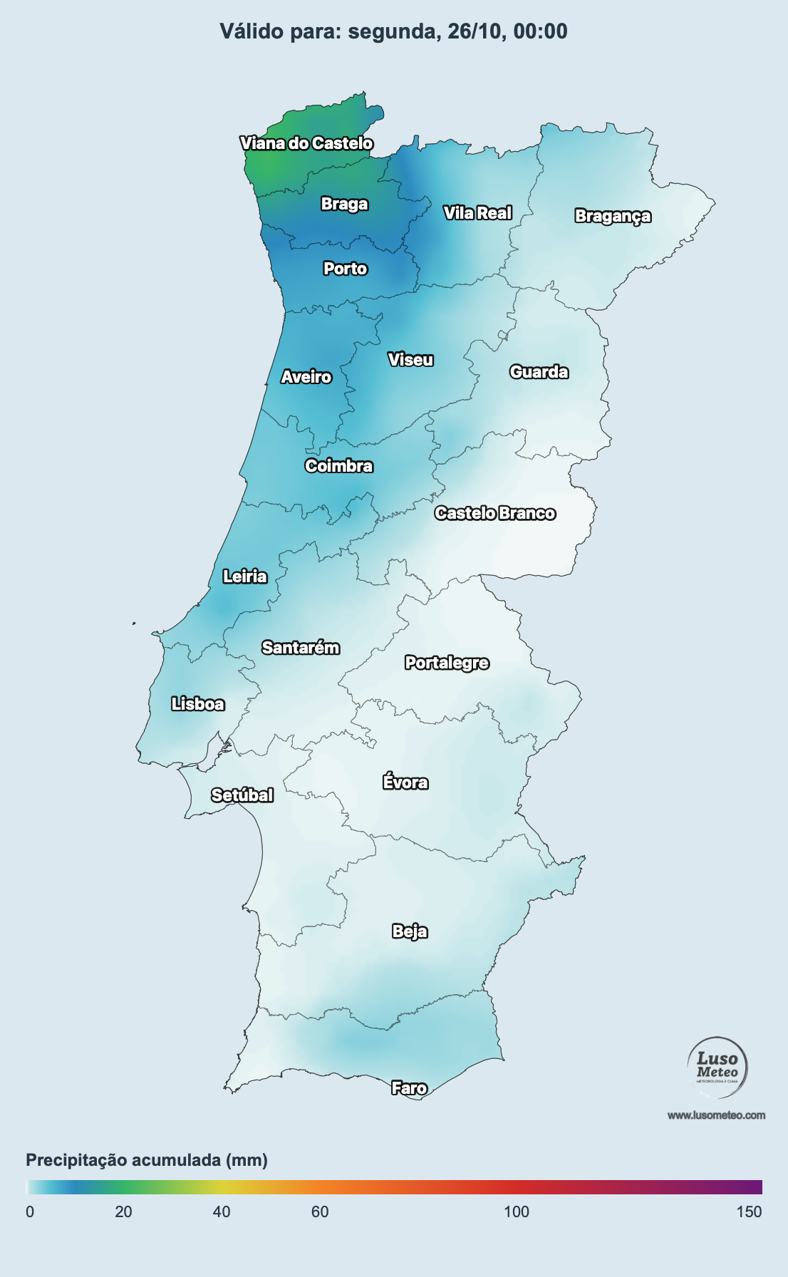 Precipitação total prevista durante esta semana - até 25l\m2 mais a Norte, pouca coisa...
