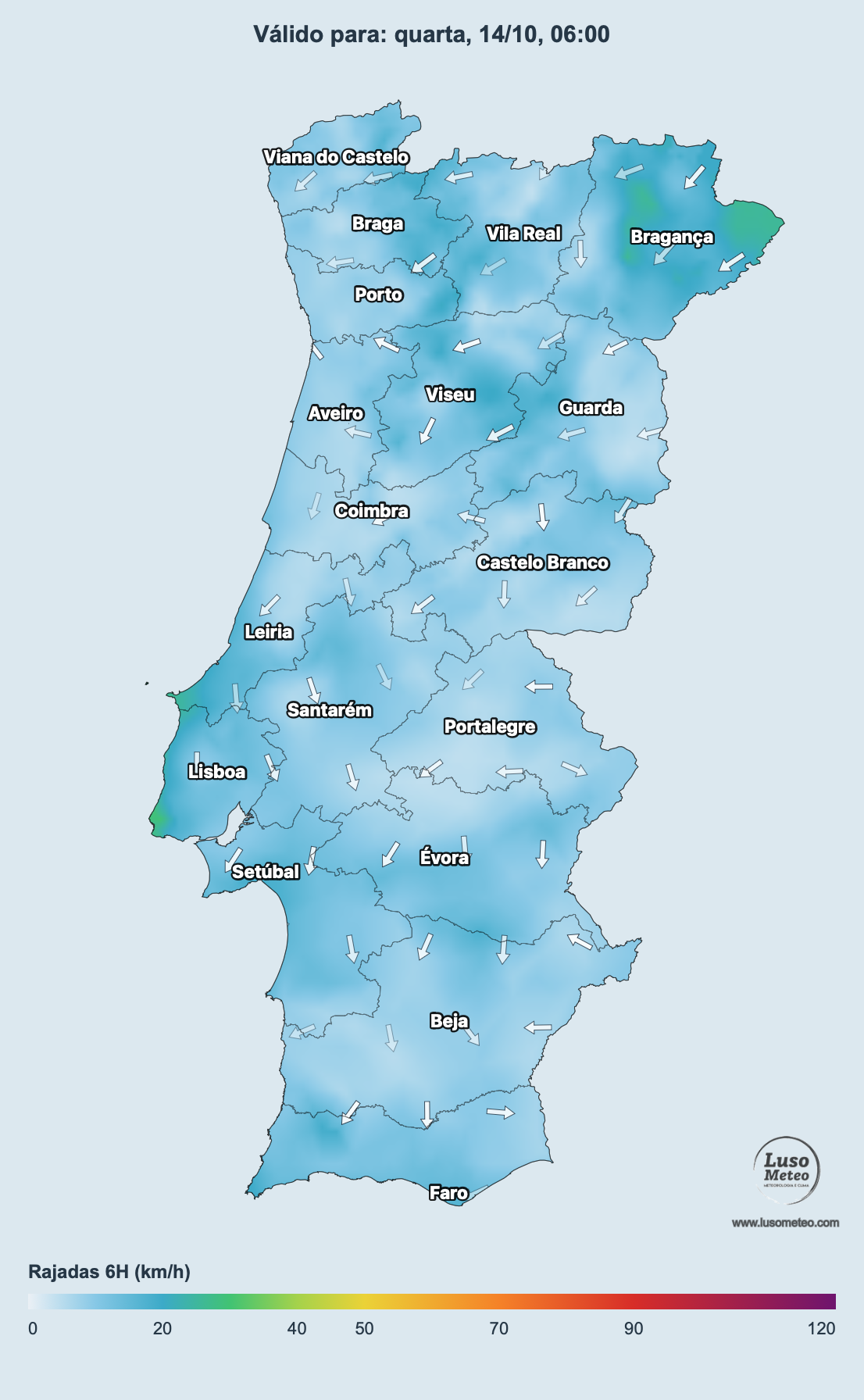 Vento de leste durante as madrugadas, o que favorece mínimas mais "elevadas" em zonas expostas. Inversão térmica (mais fresco) nas zonas baixas/vales