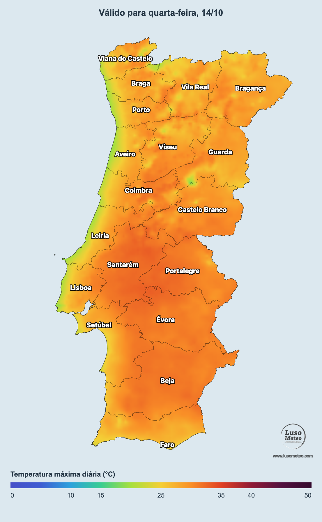 Temperaturas máximas previstas para quarta - em alguns locais podendo ultrapassar os 33ºC