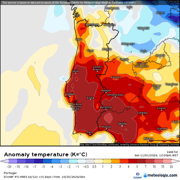 O tempo já não é o que era... Esta semana vai lembrar o Verão, novamente... Tempo esta semana, 26 de outubro a 1 de novembro O tempo esta semana - as anomalias de temperatura podem chegar aos 8ºC - exemplo para 1 de novembro (ECMWF, via Meteologix)